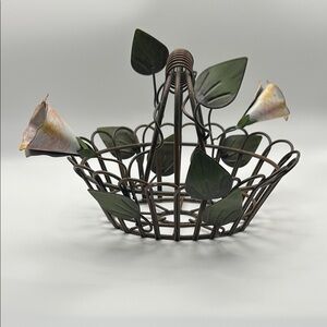 Vintage Brown Metal Basket with Floral Accents 7.5 x 6 inches
